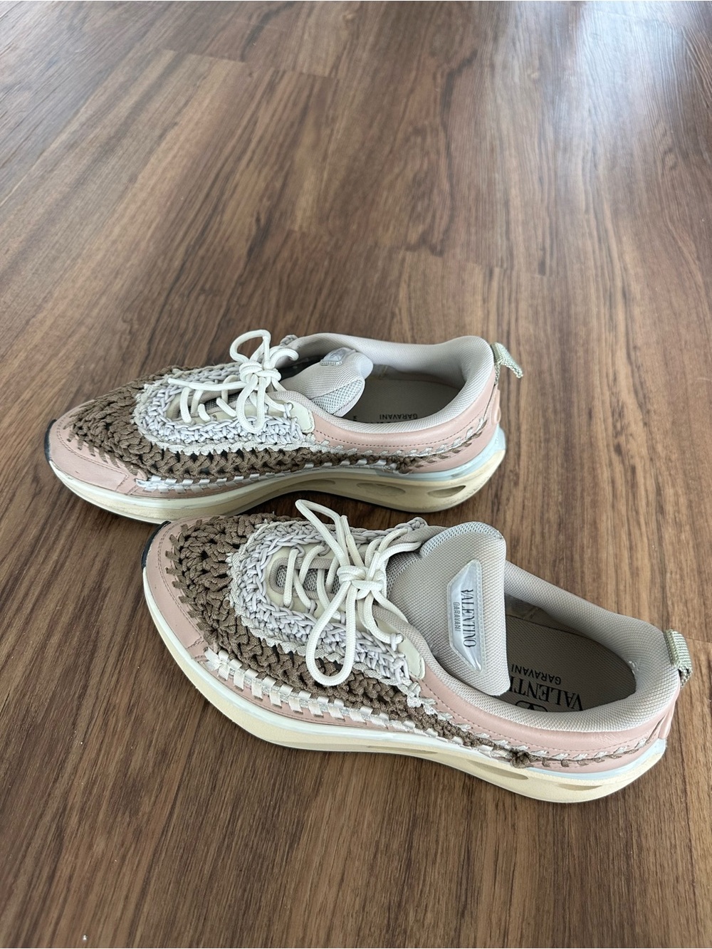Valentino Garavani Women’s Pink, Beige and Brown Crochet-Detail Sneakers - Picture 3 of 6